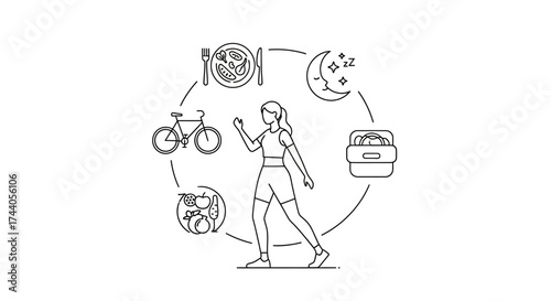 Woman walking surrounded by icons representing healthy lifestyle choices: balanced diet, sleep, exercise, and packed lunch.