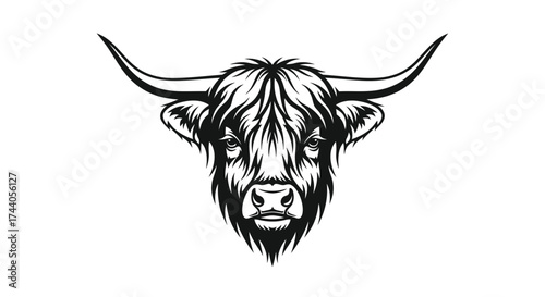 Black and white highland cow head logo design Keywords: cow, bull, cattle, animal, highland