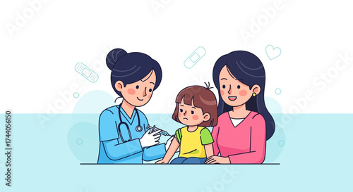 A nurse administers a vaccine to a young girl, while her mother watches with a supportive expression.