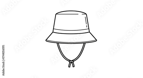 A simple line drawing of a bucket hat with a chin strap, presented on a clean white background.