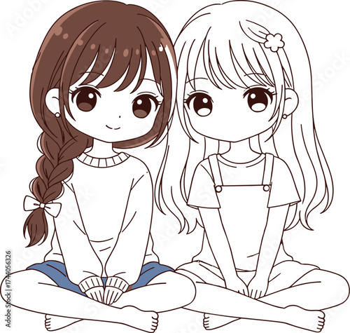 Cartoon girls sitting illustration, monochrome brown character art, expressive eyes and gentle smiles, cute friendship pose, soft warm vector design