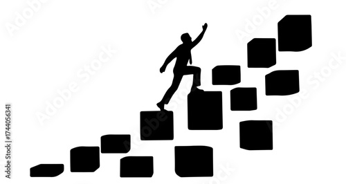 Ambitious businessman climbing upward on abstract stairs toward success, reaching for goals and future achievements