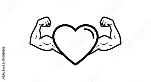 Graphic illustration of a heart symbol with muscular arms flexing, conveying strength and health.