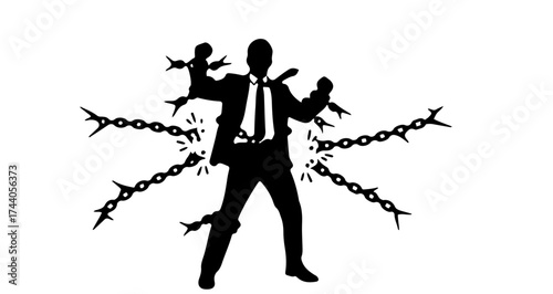 Silhouette of a determined businessperson breaking free from chains, symbolizing overcoming obstacles and achieving success, a powerful visual.