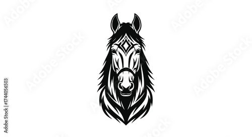 Black and white horse head logo on white background Keywords: horse, head, logo, icon, animal