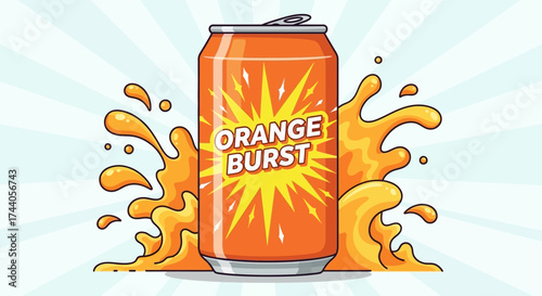 Cartoon illustration of an orange soda can with the text "Orange Burst" surrounded by a splash of liquid.