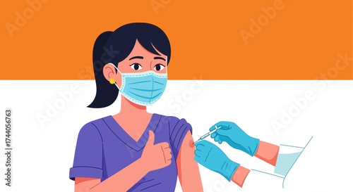 A masked woman receives a vaccination in her arm, giving a thumbs up gesture.