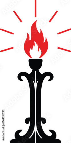 Elegant decorative torch or candelabrum icon with a bright red flame and radiating light, a stylized vector symbol of victory, knowledge, illumination, and historical ceremonies.