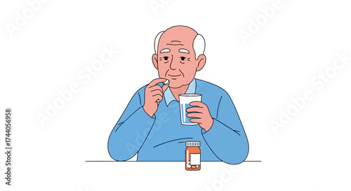 An elderly man taking medication with water, illustrating healthcare and aging.