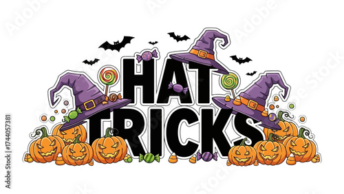 Whimsical Halloween Hat Tricks: Festive Halloween design featuring vibrant jack-o'-lanterns, witch hats, and playful candies, capturing the essence of a spooky celebration. 