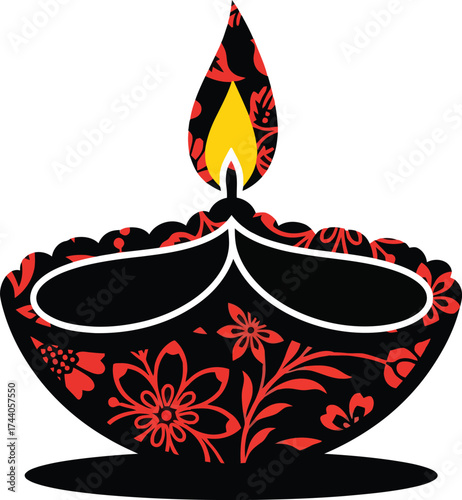 Decorative black earthen diya lamp illustration with vibrant red floral pattern and bright yellow flame, symbolizing Diwali, tradition, and Indian festival celebration.