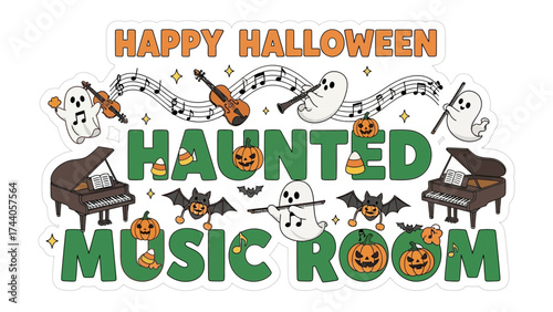 Haunted Music Room Halloween Decor: Festive design that includes playful elements, such as ghosts, pumpkins, musical notes, and instruments.