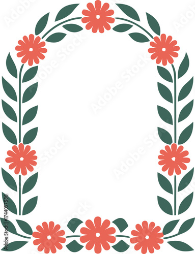 Archway of blooming coral flowers and green leaves decorative floral border