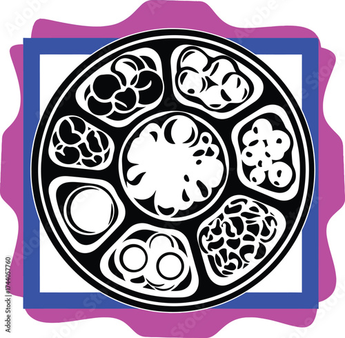 Abstract Indian thali or segmented serving dish illustration with food silhouettes, set in a colorful purple and blue modern frame, representing cuisine and culture.