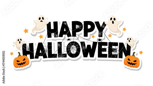 Spooky Season Greetings: Festive Halloween card featuring the words Happy Halloween, adorned with charming cartoon ghosts, jack-o'-lanterns, and playful stars. A whimsical scene.