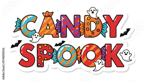 Candy Spook: A delightful and playful illustration that captures the spirit of Halloween with cheerful candy-themed lettering and spooky decorations.
