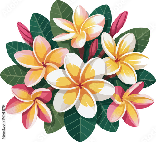 Tropical plumeria flower arrangement vibrant blossoms lush green leaves exotic floral design