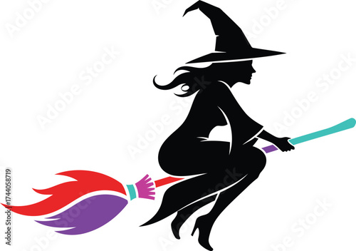 Classic flying witch silhouette illustration on a colorful magical broomstick, perfect for a mystical, fun, and traditional Halloween party concept.