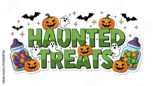 Spooky Delights: A whimsical Halloween-themed illustration with Haunted Treats in vibrant green, featuring playful jack-o'-lanterns, friendly ghosts, and fluttering bats.