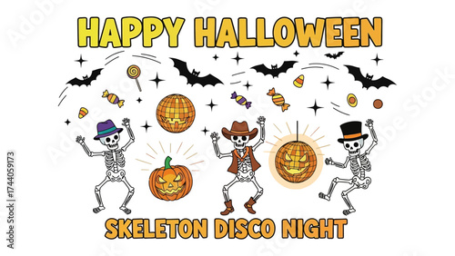 Spooky Celebration: Dynamic skeletons dance the night away under a sky filled with bats, jack-o'-lanterns, and sweets, embodying the spirit of a joyful Halloween celebration.