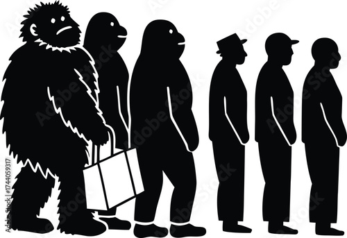 Bigfoot waiting in queue Black Friday. Sasquatch a Large Hairy Human like Creature Cartoon Animal Clip art silhouette Vector Illustration art