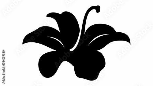 A black silhouette of a hibiscus flower with visible petals and stem on a white background is shown here