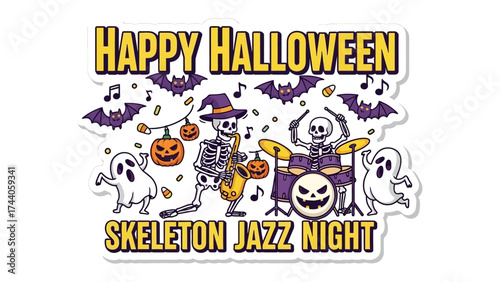 Halloween Jazz Night: A whimsical Halloween illustration featuring a skeleton band playing jazz music, creating a spooky and festive atmosphere with bats, ghosts, pumpkins, and musical notes.