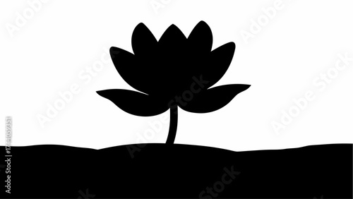 A silhouette of a lotus flower with a stem and base against a white background in a simple design
