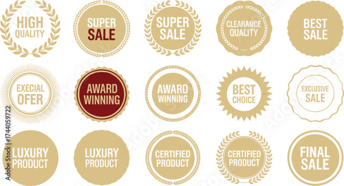 Assortment of fifteen different sale and quality guarantee badges seals