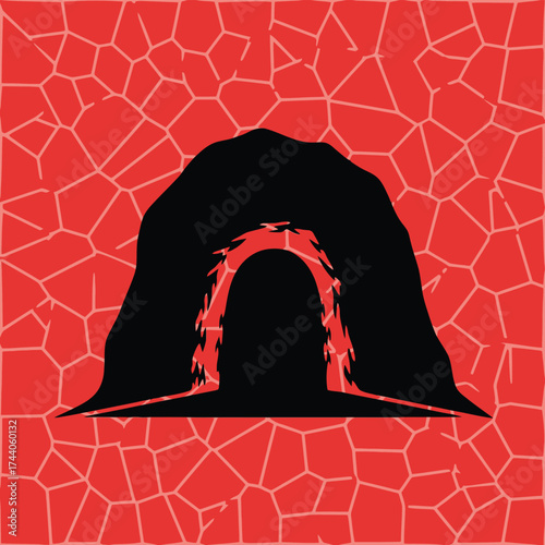 Mysterious dark cave entrance silhouette illustration with fire effects on a vibrant red cracked mosaic background, symbolizing danger and exploration.