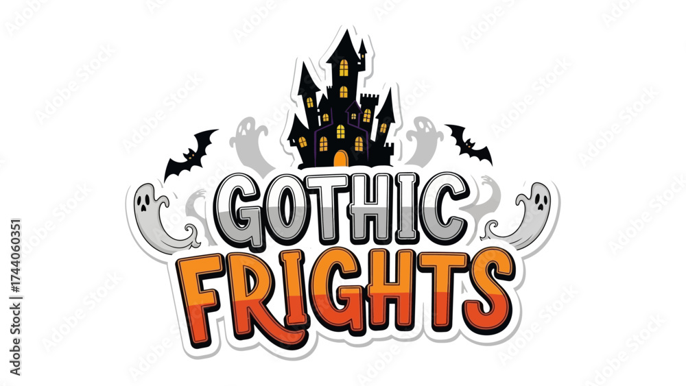 Gothic Frights: A spooky, spooky illustration featuring a gothic castle, bats, and ghosts, all in the shadow of fear, creates a chilling scene to mark the Halloween.