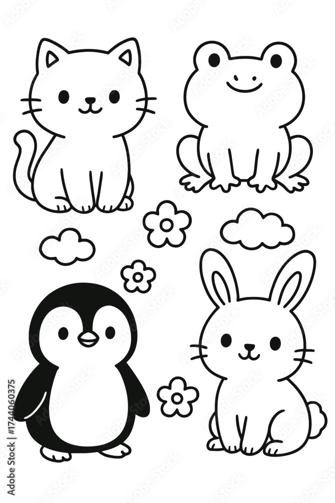Naklejka premium A delightful collection of cartoon animals, including a cat, a frog, a penguin, and a rabbit, along with some playful clouds and flowers