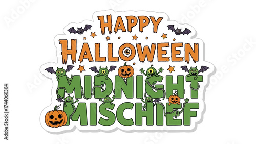 Midnight Mischief on Halloween: A spooky and fun illustration with pumpkin, monster and stars, perfect for celebrating the magic of Halloween night.