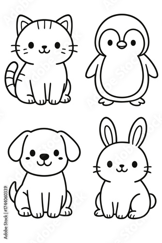A charming collection of cartoon animals, each with a distinct look and style, radiating an innocent vibe. Featuring a kitten, penguin, puppy, and bunny