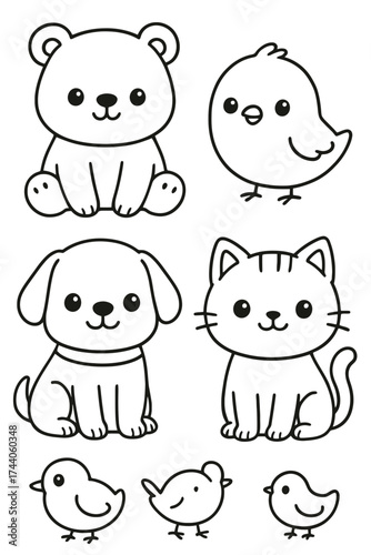 A collection of cute cartoon animals: a bear, a bird, a dog, a cat and more. This charming illustration is perfect for children's projects
