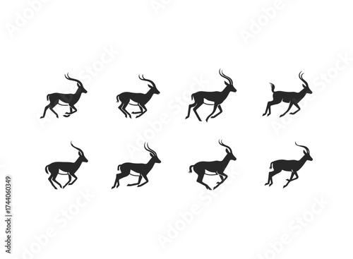 Silhouette Gazelle Running Sequence Vector Art.