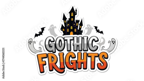 Gothic Frights: A spooky, spooky illustration featuring a gothic castle, bats, and ghosts, all in the shadow of fear, creates a chilling scene to mark the Halloween.