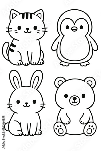 A collection of adorable cartoon animals, including a cat, penguin, rabbit, and bear. These cute illustrations are perfect for children's projects