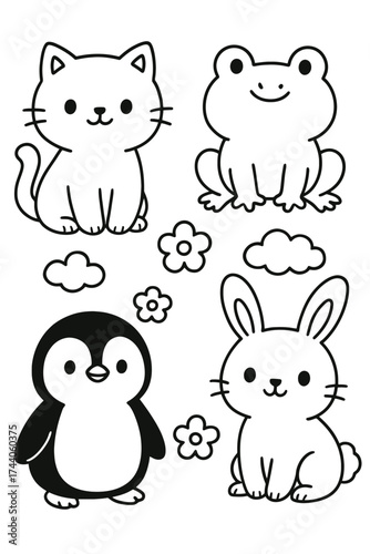 A delightful collection of cartoon animals, including a cat, a frog, a penguin, and a rabbit, along with some playful clouds and flowers