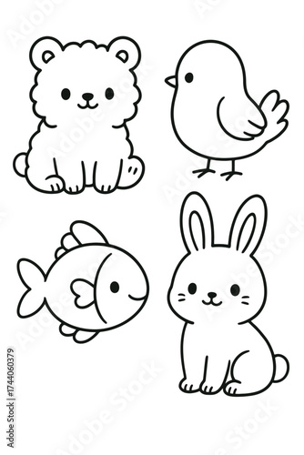 Adorable cartoon animals: bear, bird, fish, and rabbit in a playful arrangement. The cute creatures are drawn in a simple, line art style