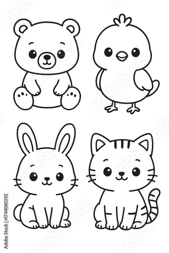 Four adorable cartoon animals: bear, chick, rabbit, and kitten, each with a friendly expression, perfect for children's designs