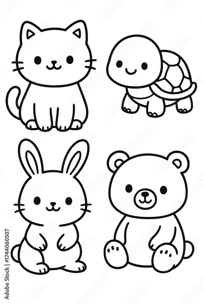 Naklejka premium A charming collection of adorable cartoon animals: a cat, a turtle, a rabbit, and a bear