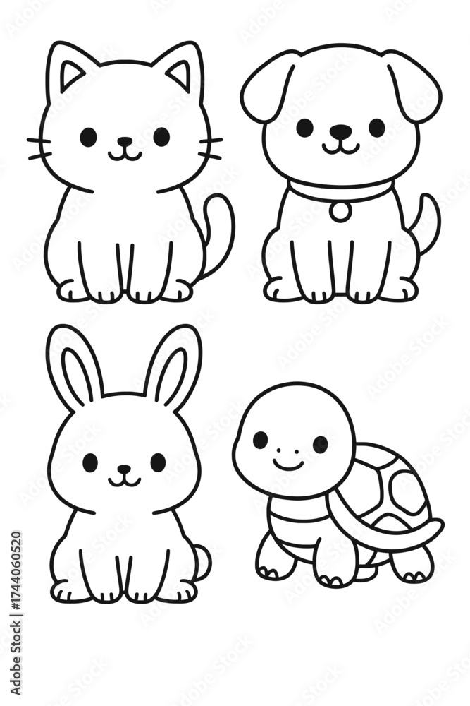 Fototapeta premium Adorable cartoon animals: cat, dog, rabbit, and turtle, each showcasing a cute, simple design with smiling faces.