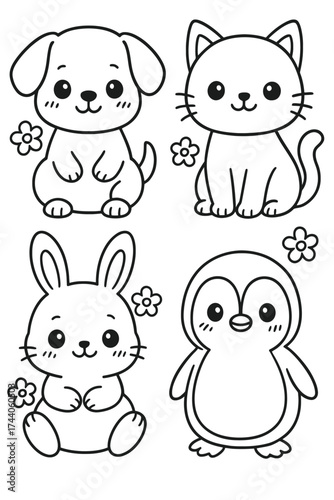 Adorable illustrations of a dog, cat, rabbit and penguin. Each animal is depicted with a cute and friendly appearance. 