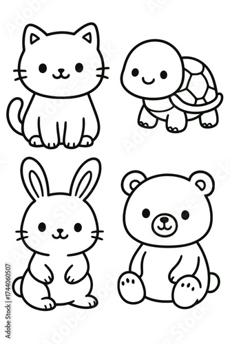 A charming collection of adorable cartoon animals: a cat, a turtle, a rabbit, and a bear