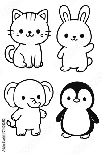 An adorable cartoon featuring a cat, bunny, elephant, and penguin. They are drawn in a cute style, with a simple yet expressive design.
