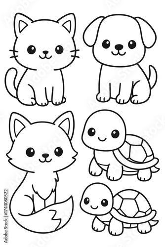 An Adorable Collection of Cartoon Animals Smiling. The image features a cat, a dog, a fox, and two turtles