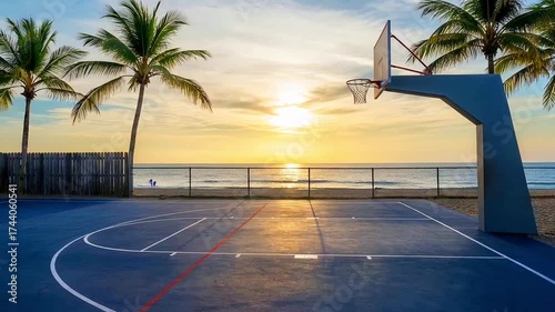 Tropical sunrise illuminates a beach basketball court with palm trees and ocean in background