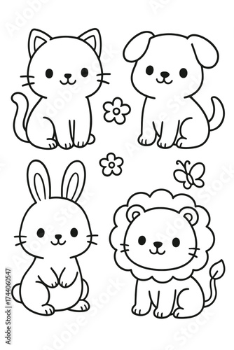A delightful collection of adorable cartoon animals. A charming illustration featuring a kitten, puppy, bunny, and lion