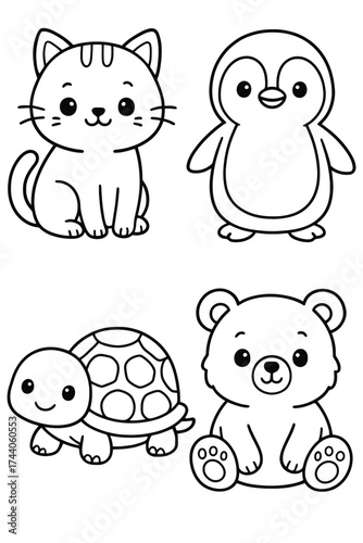 A cute kitten, penguin, turtle, and bear in a row, perfect for educational material and kids